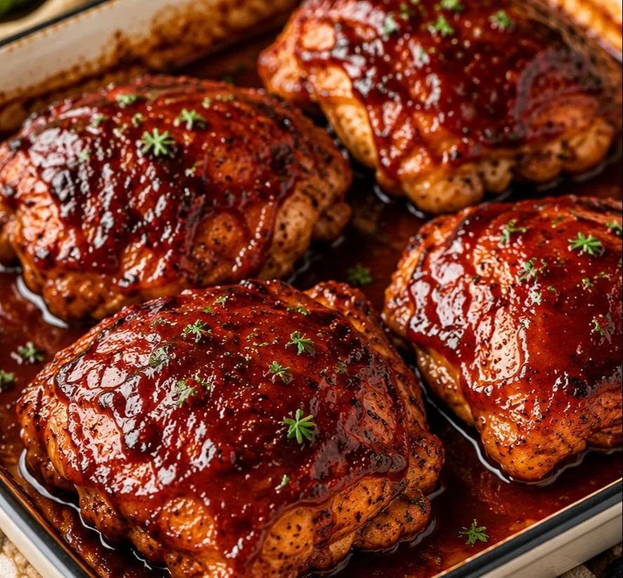 Baked BBQ Chicken dish on a plate garnished with herbs