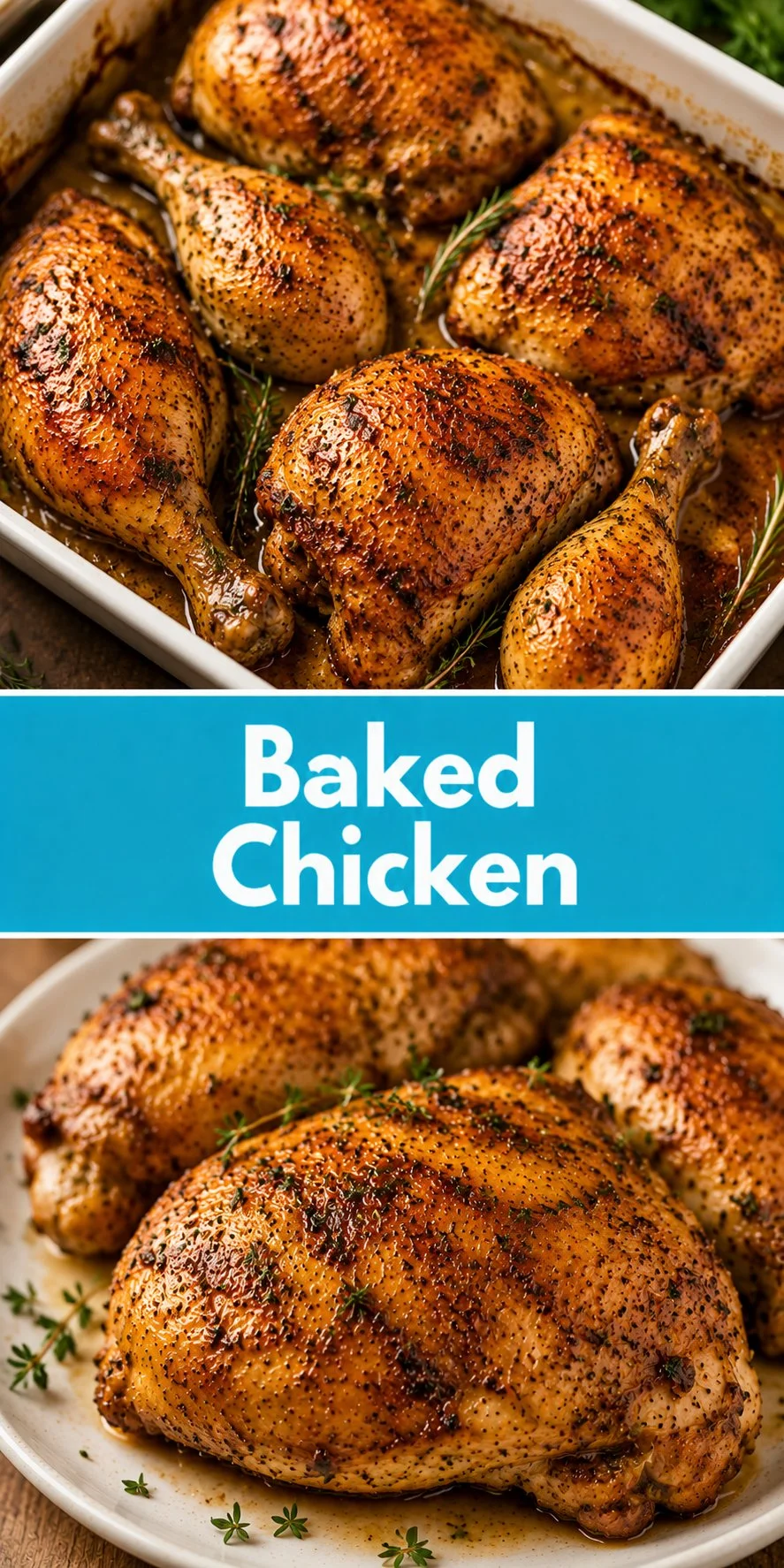 Deliciously baked chicken ready to serve with herbs and spices.