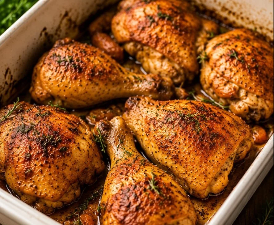 Delicious baked chicken served with herbs and spices for a flavorful meal.