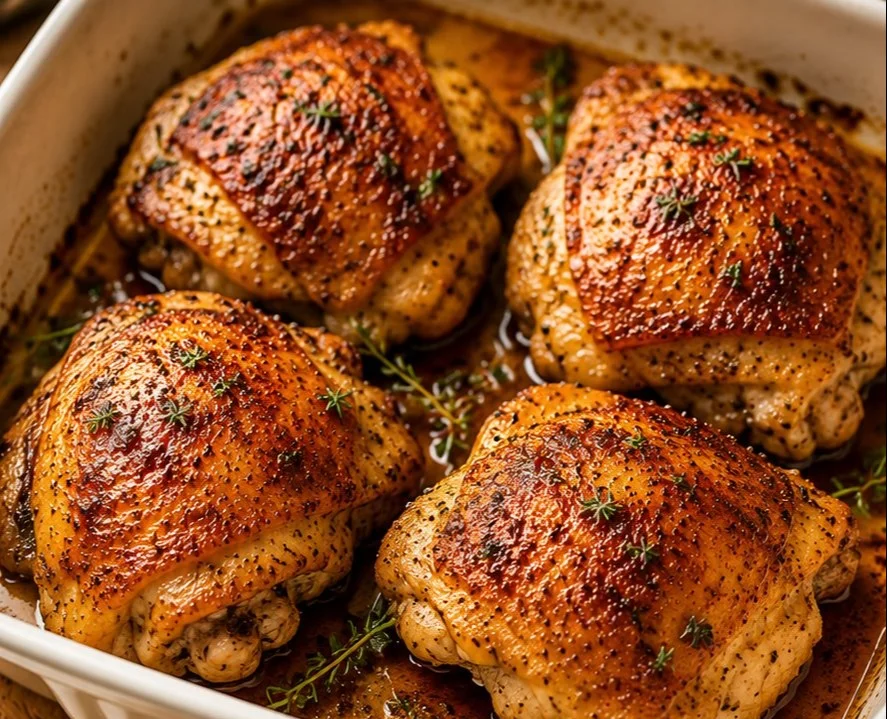 Delicious baked chicken thighs seasoned and cooked to perfection