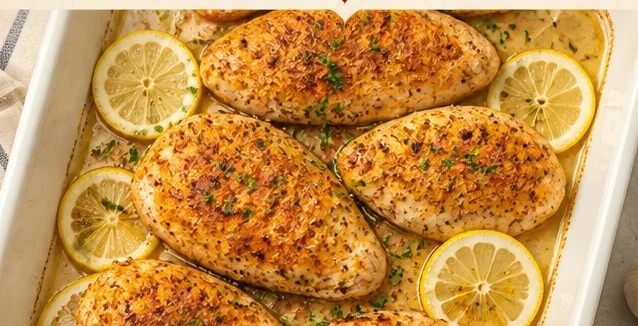 Baked garlic lemon pepper chicken served with herbs and lemon slices