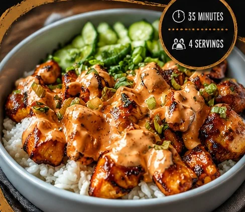 Bang Bang Chicken Bowl with spicy chicken and fresh vegetables
