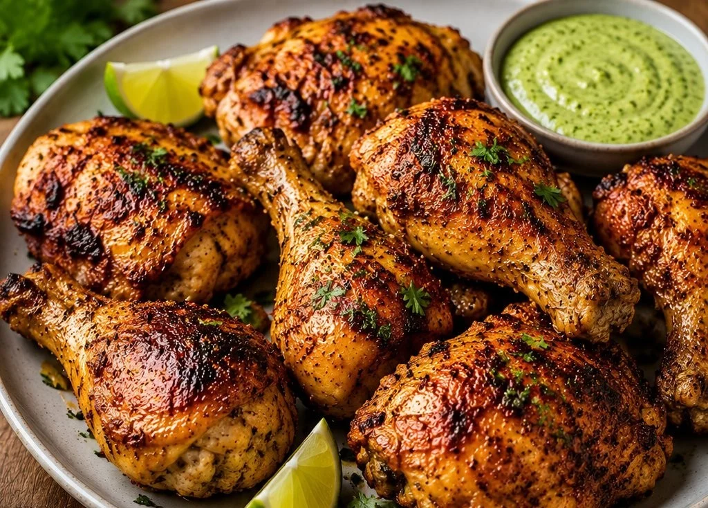 Delicious Peruvian chicken served with creamy green sauce