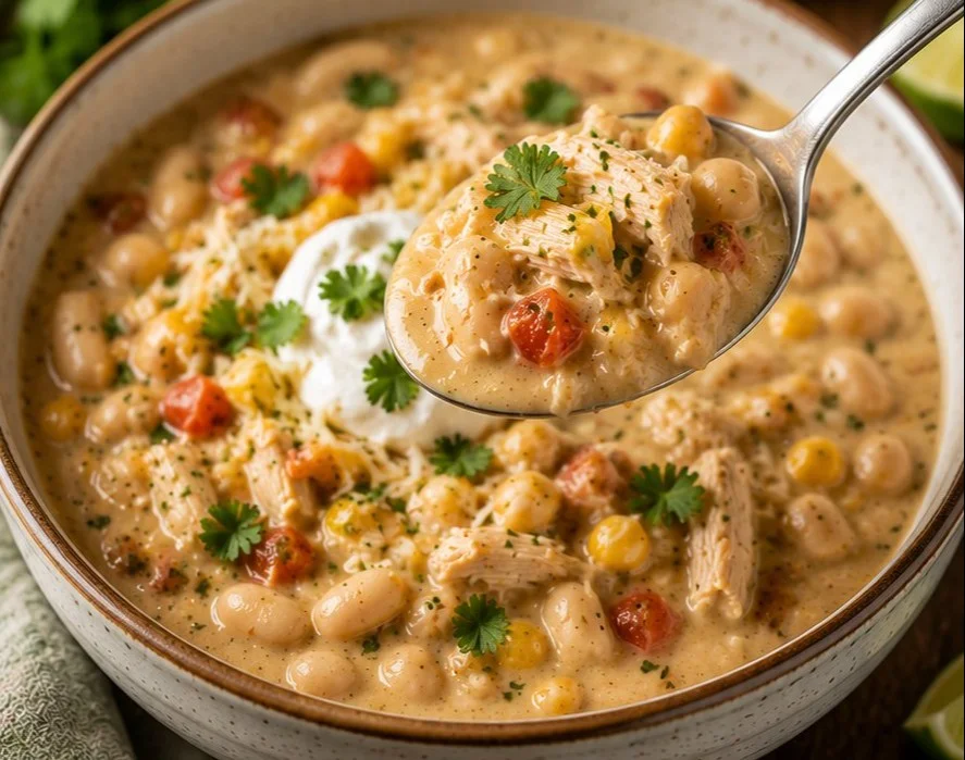 Bowl of the best white chicken chili with toppings