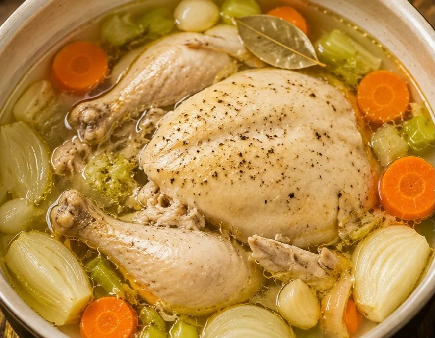 Delicious boiled chicken served with vegetables and herbs.