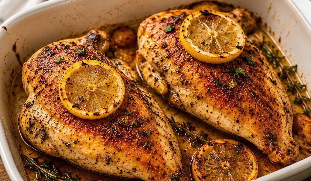 Delicious bone-in chicken breast cooked with herbs and spices.