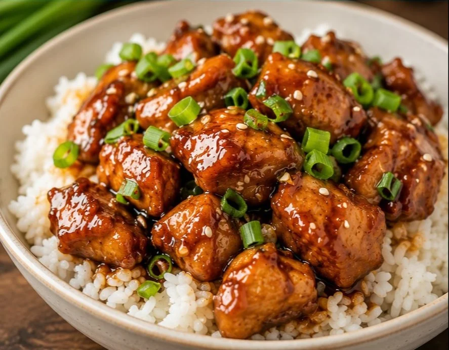 Delicious Bourbon Chicken served with vegetables and rice