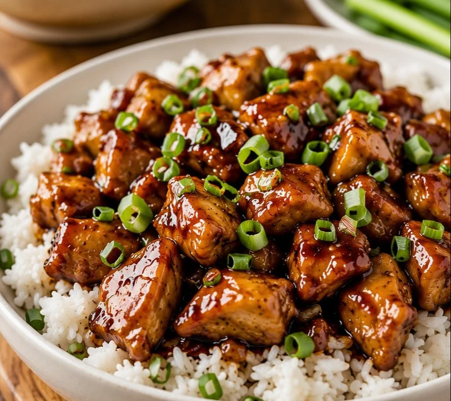 Delicious homemade Bourbon Chicken served with rice and vegetables