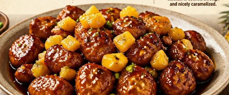 Delicious Brown Sugar Pineapple Chicken served on a plate with garnish