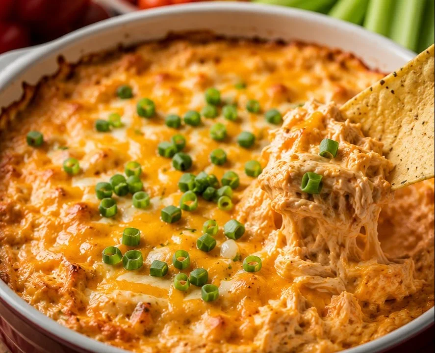 Delicious Buffalo Chicken Dip served in a bowl with tortilla chips