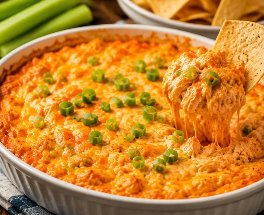 Delicious Buffalo Chicken Dip served in a bowl with celery sticks for dipping.