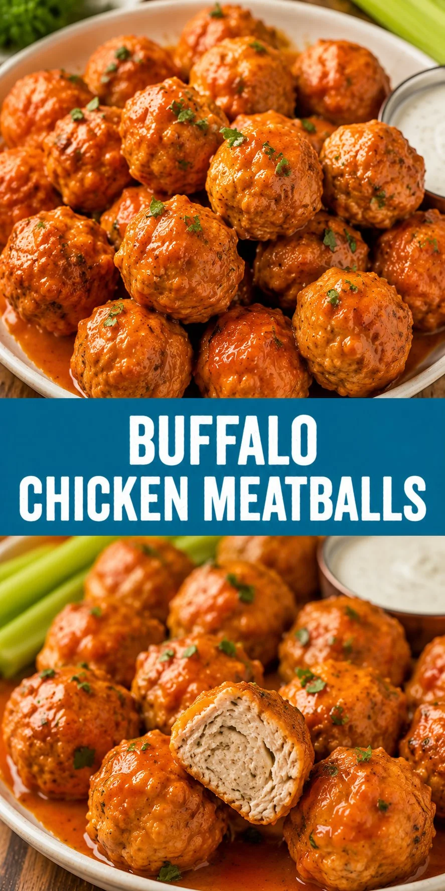 Buffalo Chicken Meatballs served on a platter with festive garnishes