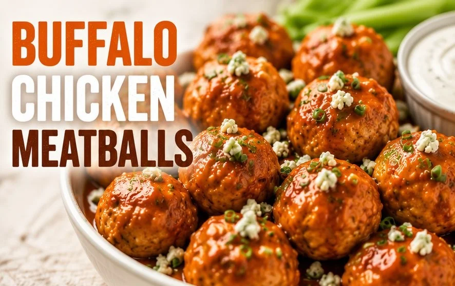 Buffalo Chicken Meatballs served with dipping sauce on a plate.