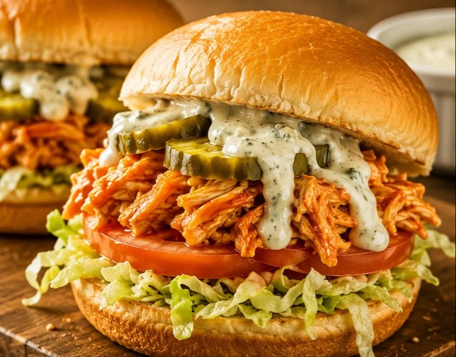 Buffalo Chicken Sandwich served with crispy lettuce and a side of ranch dressing