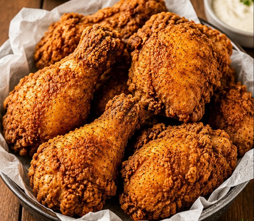 Delicious buttermilk fried chicken served with sides on a plate.