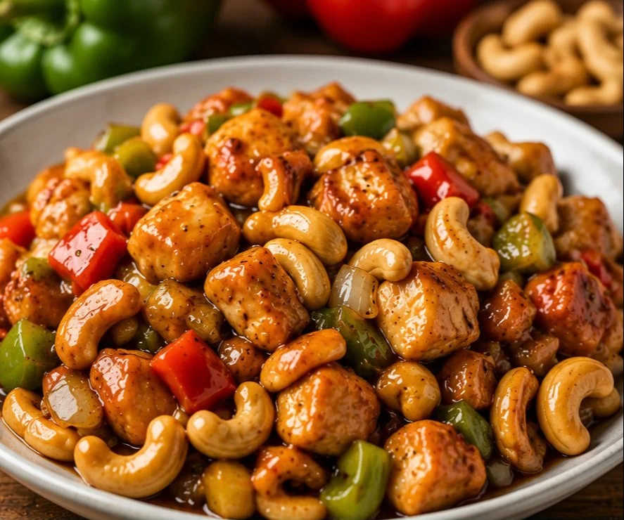 Delicious plate of homemade Cashew Chicken with vegetables and rice