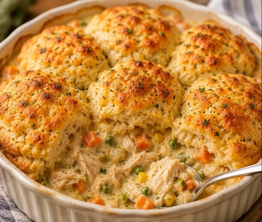 Cheddar Bay Biscuit Chicken Pot Pie served in a bowl with herbs