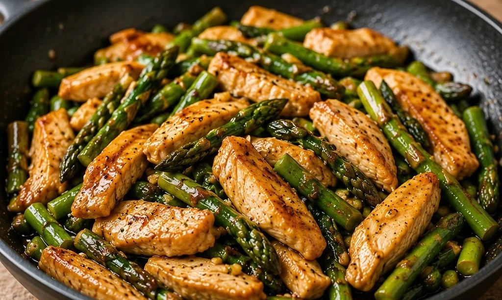 Colorful chicken and asparagus stir-fry in a skillet with vegetables.