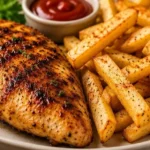Delicious plate of chicken and chips served with a side of dipping sauce.