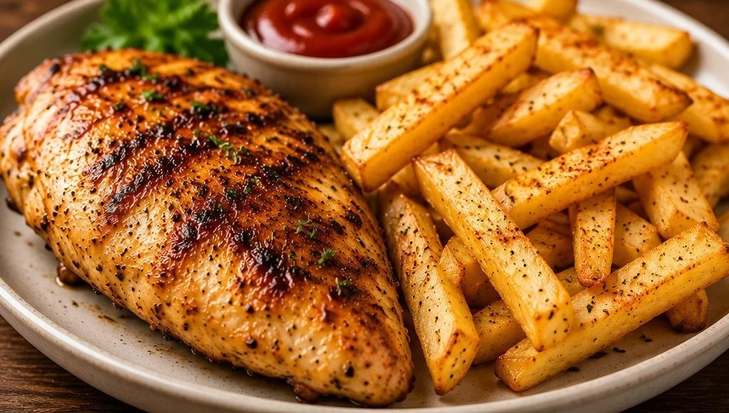 Delicious plate of chicken and chips served with a side of dipping sauce.