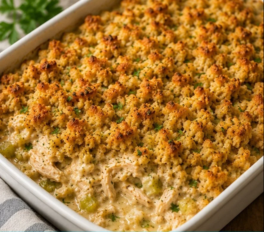 A hearty Chicken and Dressing Casserole served hot with a golden crust.