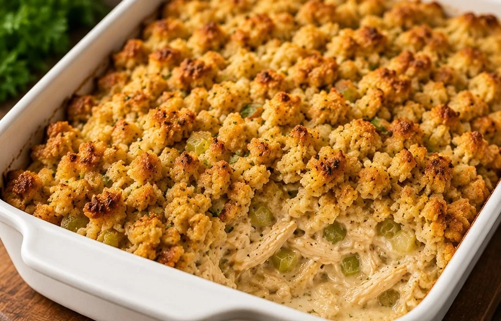 Delicious Chicken and Dressing Casserole baked to perfection for a family meal
