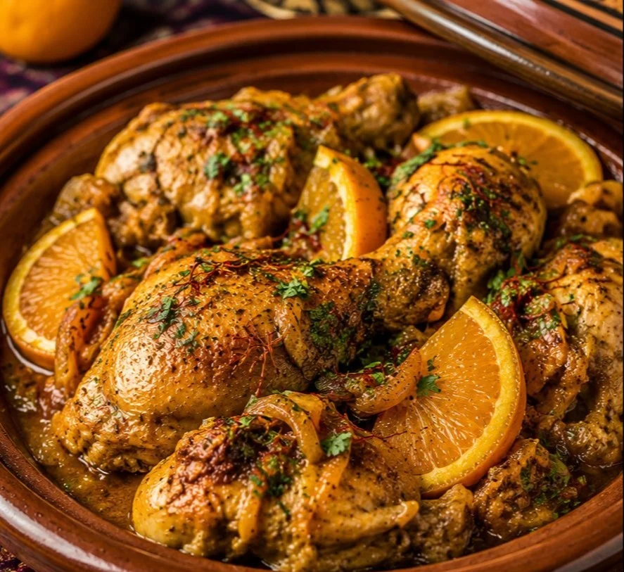 Delicious Chicken and Orange Tagine served in a traditional Moroccan dish.