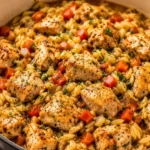 Image of a savory Chicken and Orzo dish with vegetables and herbs.