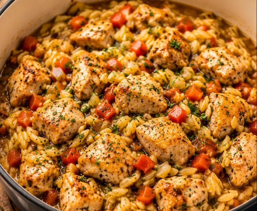 Image of a savory Chicken and Orzo dish with vegetables and herbs.