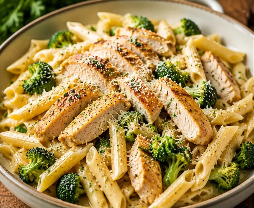 Delicious chicken pasta dish served on a plate with herbs and vegetables.