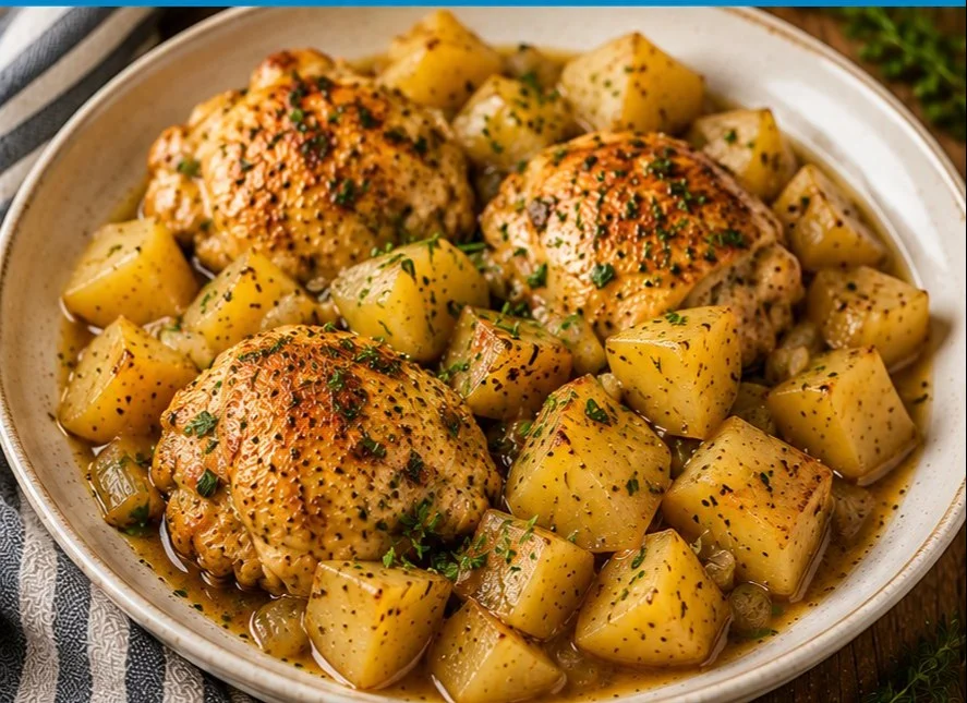 Crock Pot chicken and potatoes served on a plate.