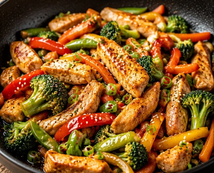 Colorful chicken and vegetable stir fry in a pan