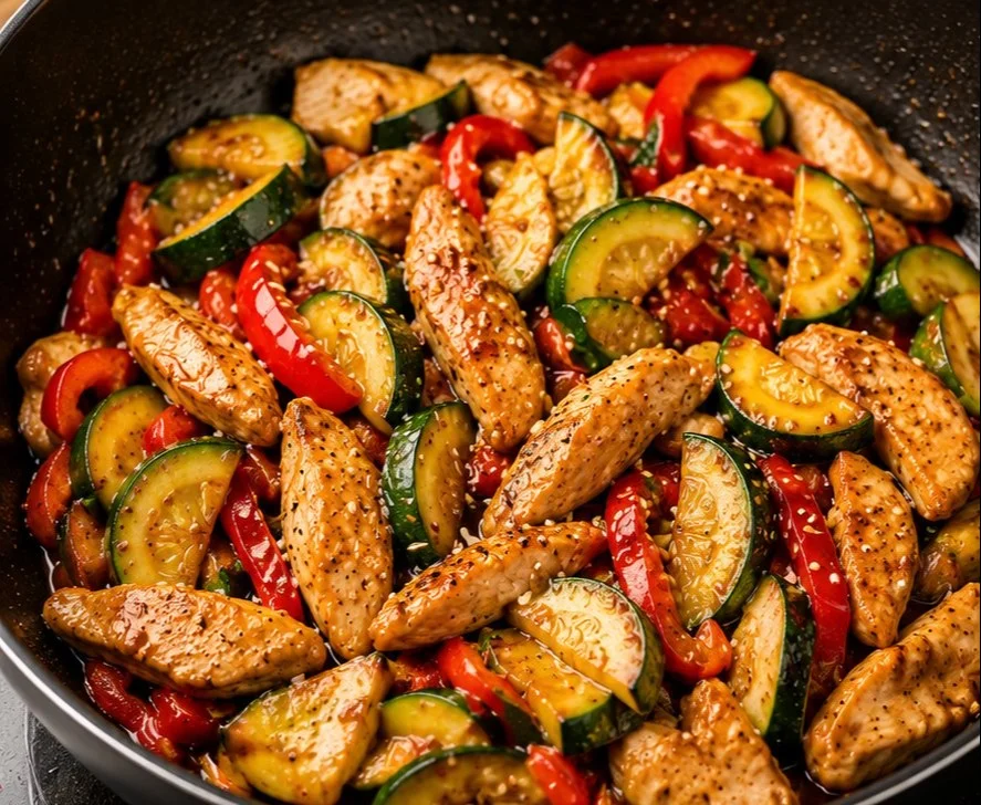 Chicken and zucchini stir-fry dish served in a colorful plate
