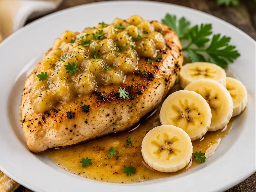 Grilled Chicken Banana served with exotic spices and fresh garnishes