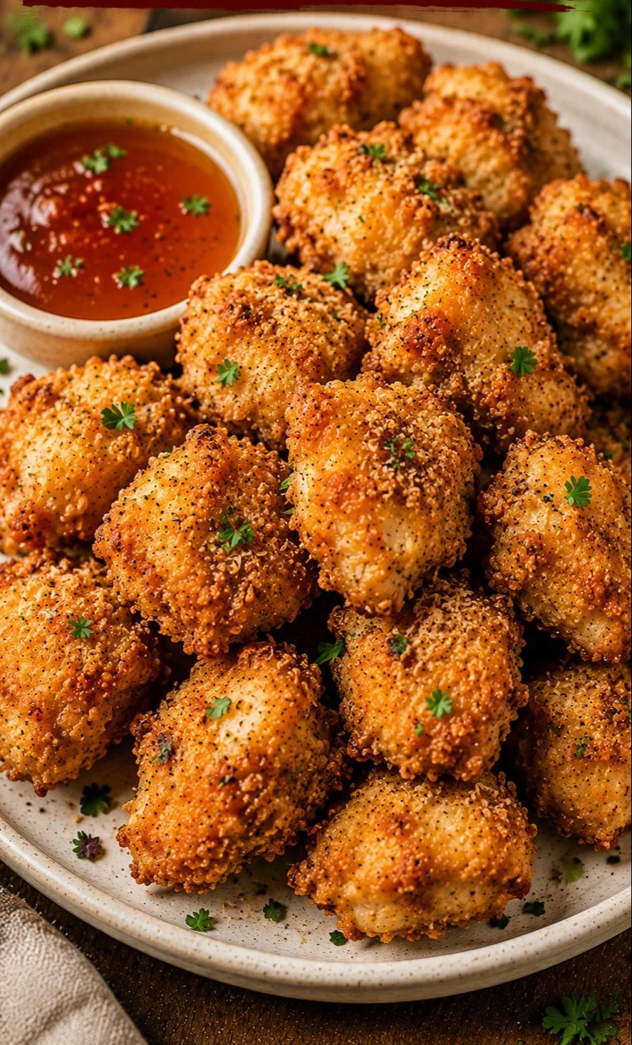 Delicious plate of chicken bites served with dipping sauce