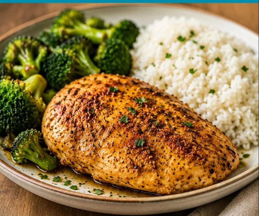 Succulent chicken breast dinner plated with vegetables and herbs.