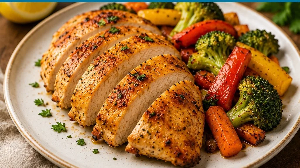 Delicious chicken breast meals ready to serve with vegetables and herbs