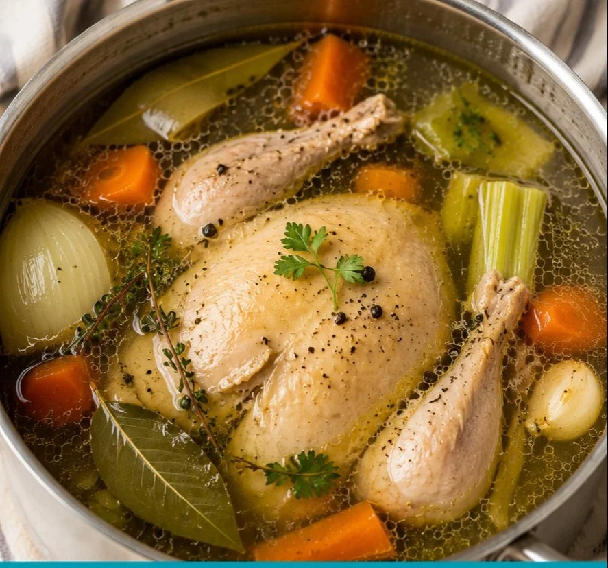 A pot of homemade chicken broth simmering with vegetables and herbs