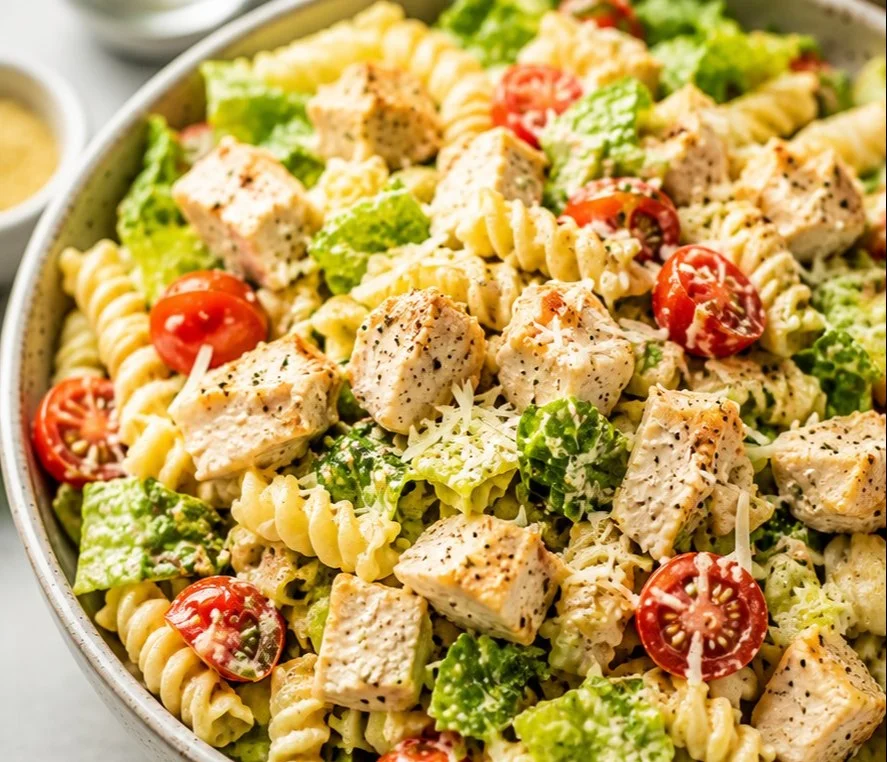 Delicious Chicken Caesar Pasta Salad with grilled chicken and Caesar dressing