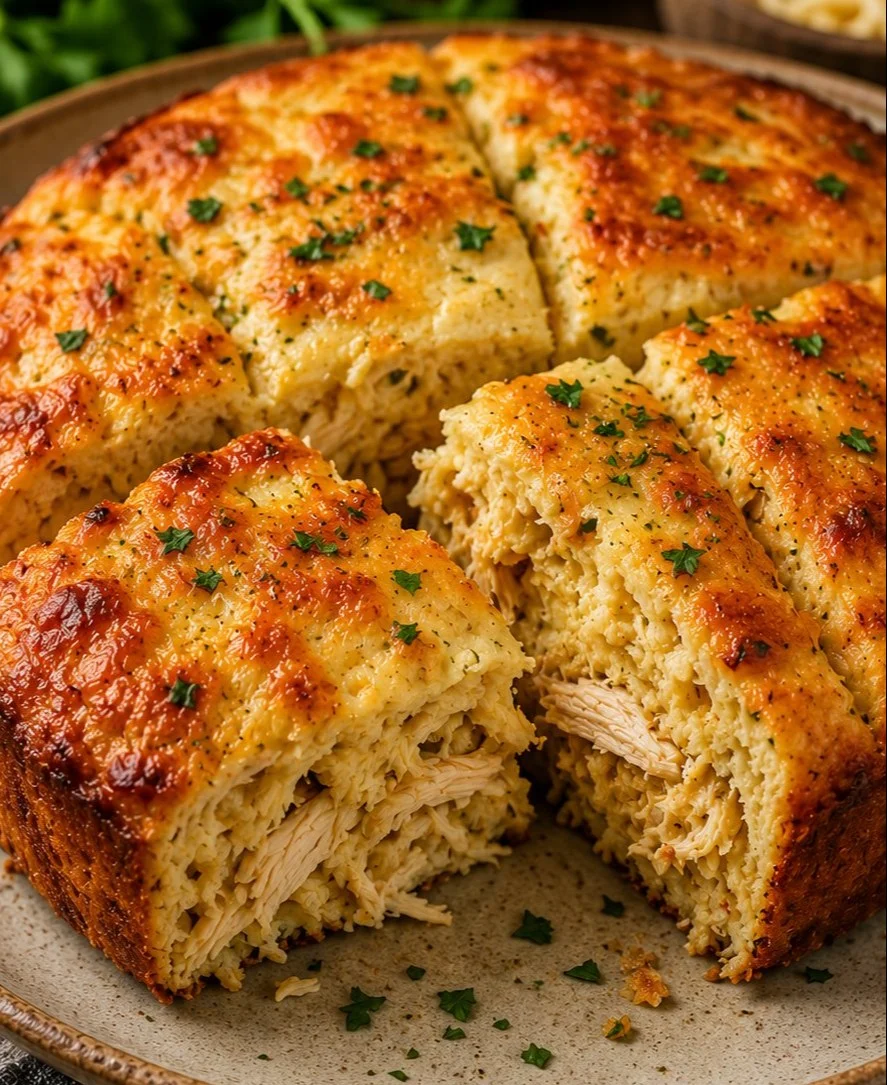 A flavorful Chicken Cake served with garnishes, showcasing its unique savory dessert appeal.