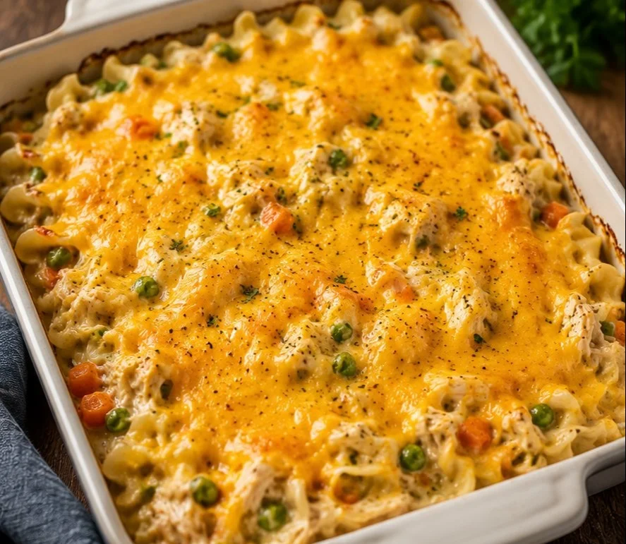 Delicious homemade chicken casserole served on a plate
