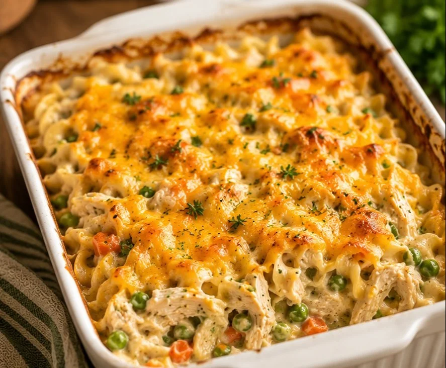 Delicious chicken casserole served in a baking dish, topped with golden-brown cheese.