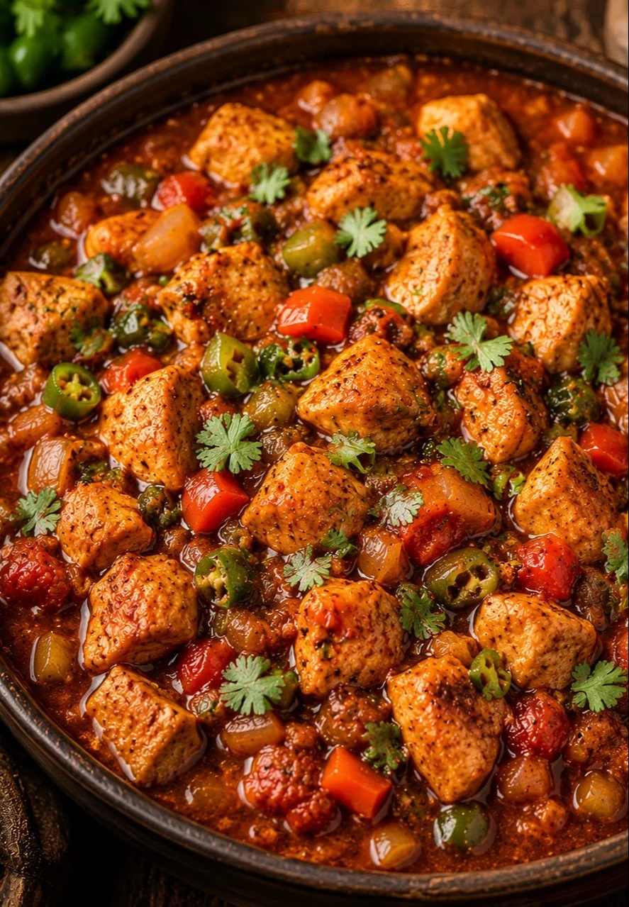 Delicious Chicken Chilli with spices and tender chicken in a vibrant dish