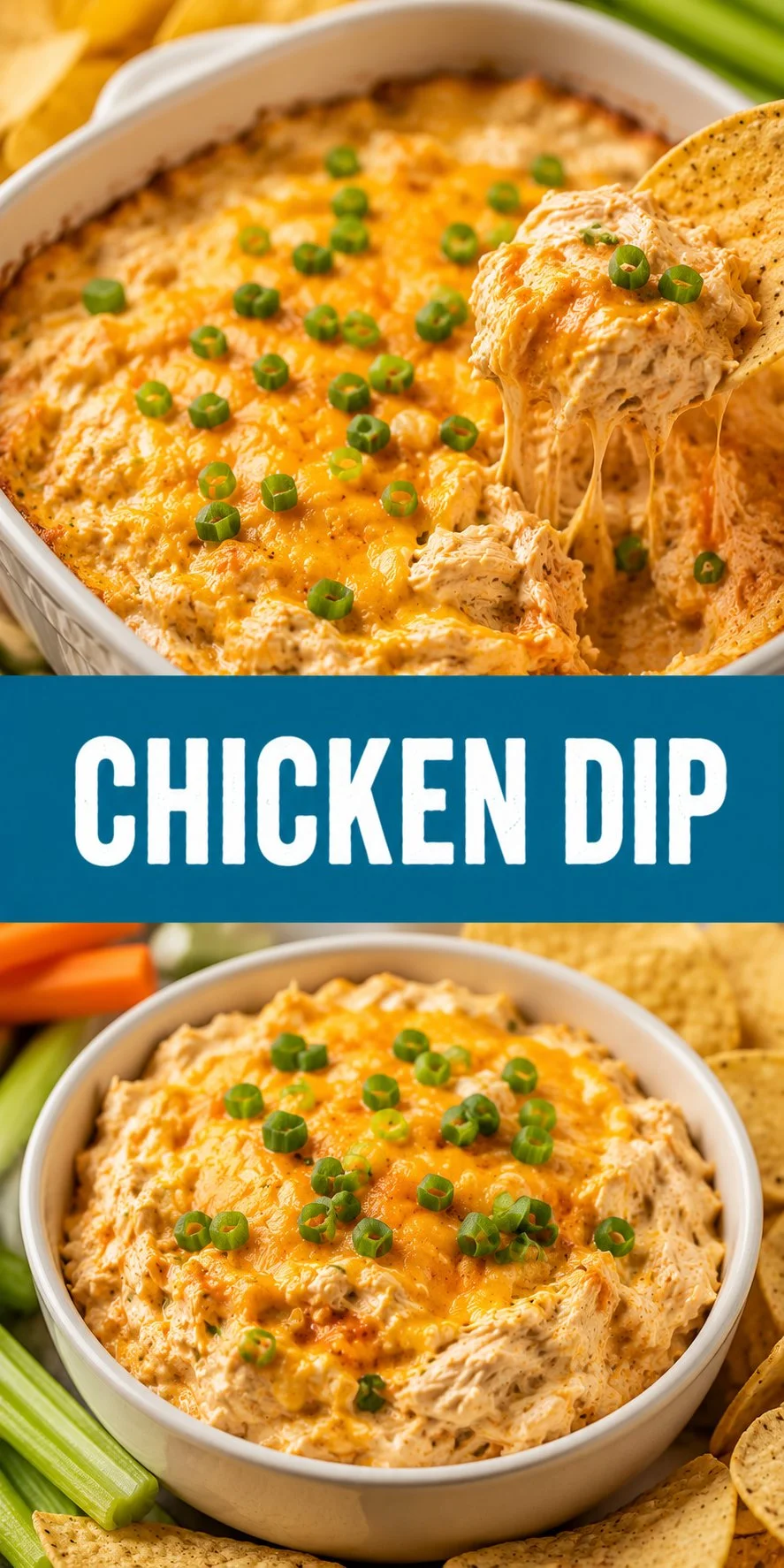 Delicious chicken dip served in a bowl with tortilla chips for dipping