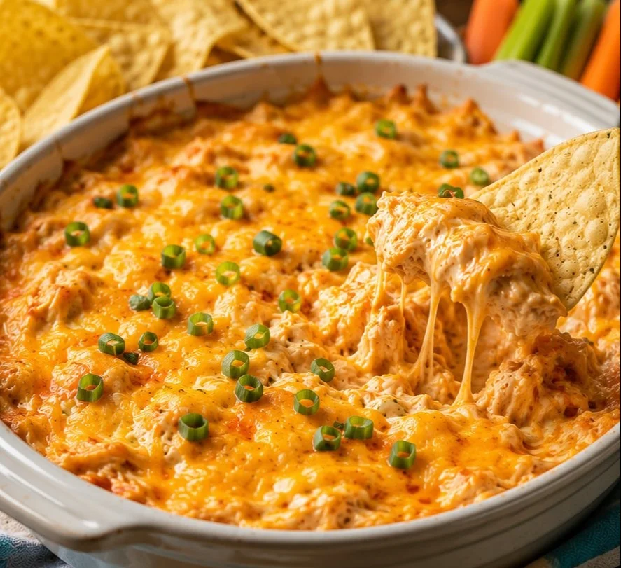 Delicious homemade chicken dip served in a creamy bowl with ingredients