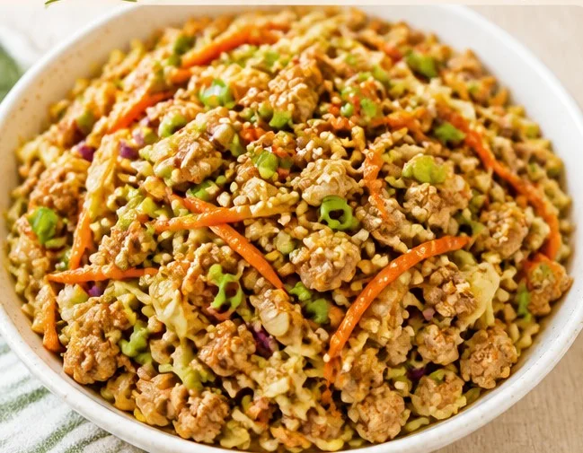 Delicious Chicken Egg Roll Bowl with colorful vegetables and savory sauce.
