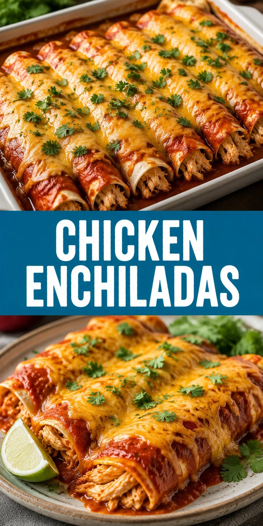 Delicious homemade Chicken Enchiladas topped with cheese and cilantro