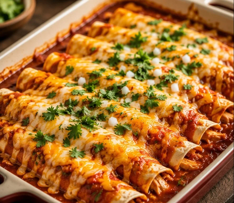 Delicious chicken enchiladas topped with cheese and fresh cilantro