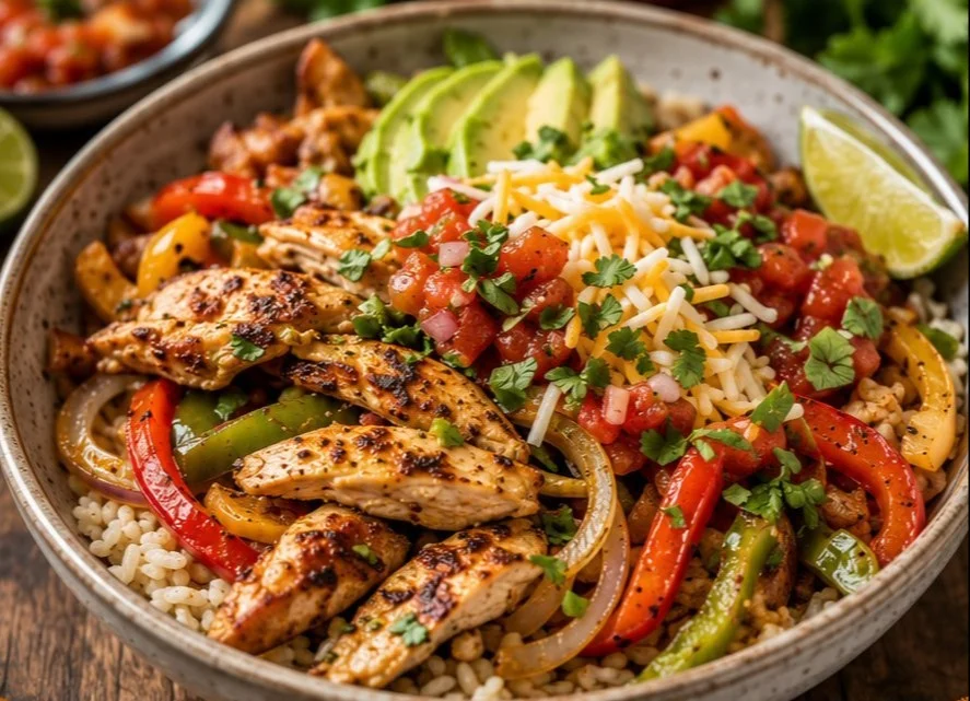 Delicious Chicken Fajita Bowl topped with fresh vegetables and spices