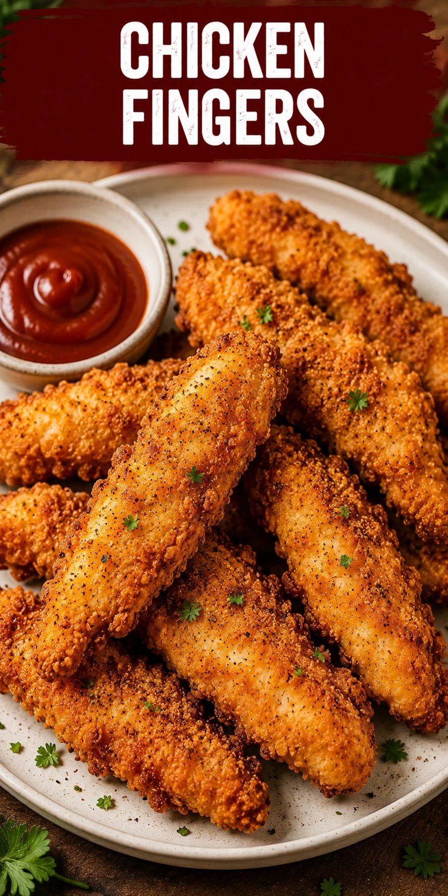 Plate of crispy chicken fingers served with dipping sauce